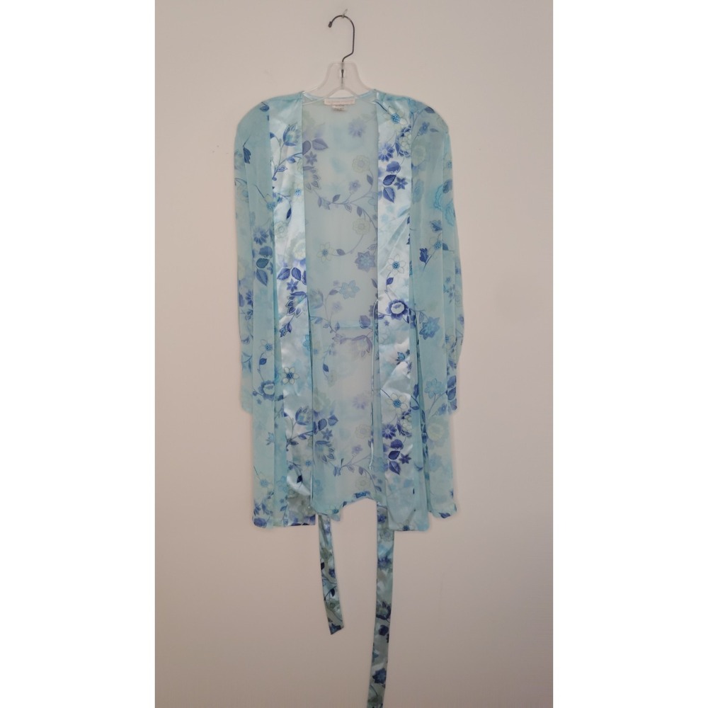 Vintage CALIFORNIA DYNASTY Sheer Robe Womens Medium Blue Floral Satin Belt Large